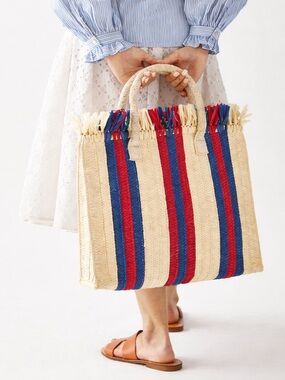 Mark & Graham Straw Fringe Tote Red Navy Stripe Raffia Beach Bag Americana